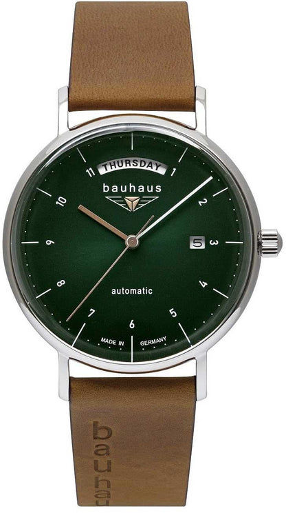 Armbandsur för herrar med rund boett, grön urtavla och brunt läderarmband.