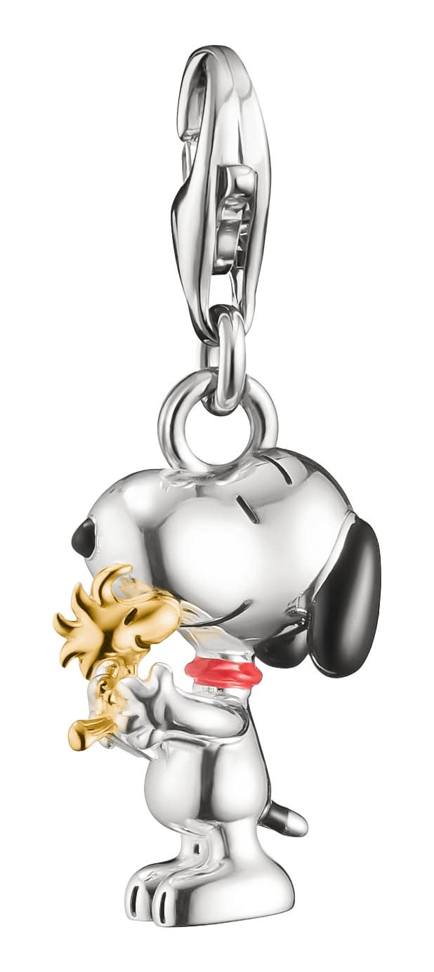 Berlock i silverfärgad metall med motiv av Snoopy och Woodstock