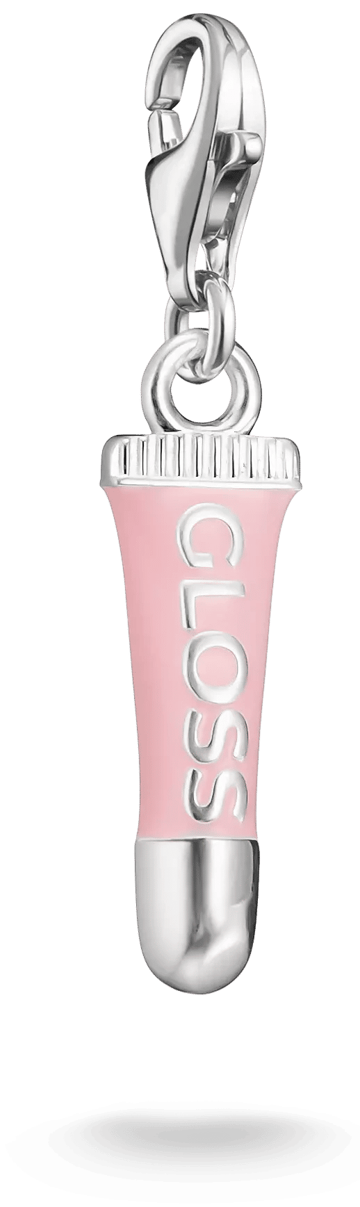 Charmhänge i silver med rosa läppglans-tub och karbinhake