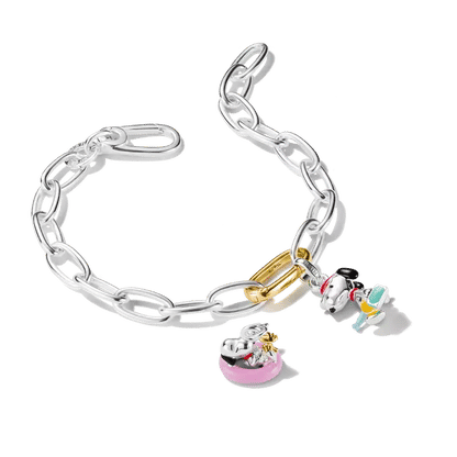 "Silarmband med guldfärgad klämma och Snoopy-berlock, rosa motiv"