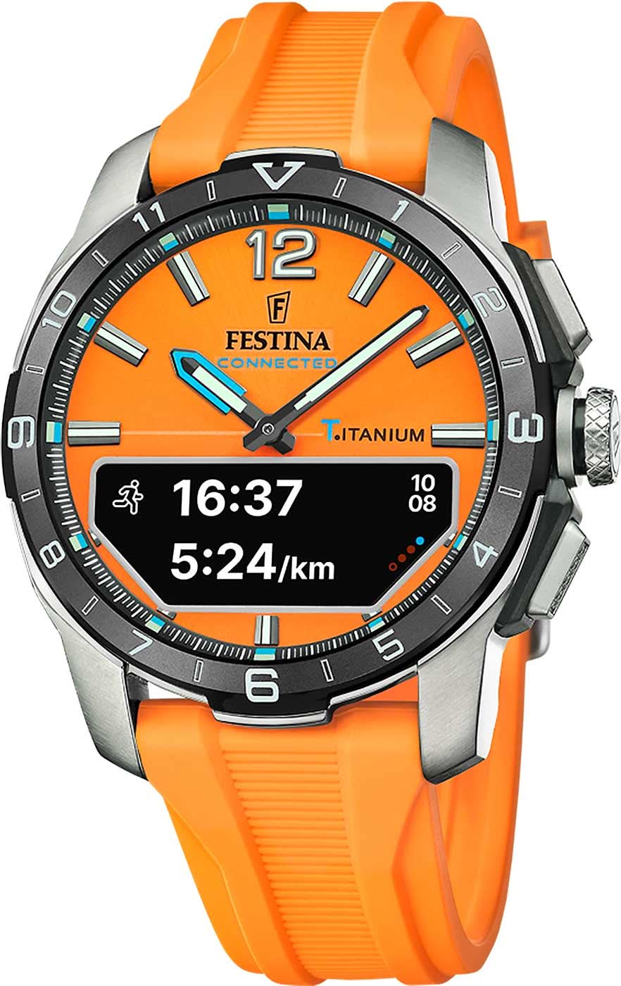 Festina Connected herrklocka med orange silikonarmband, svart urtavla och titanboett