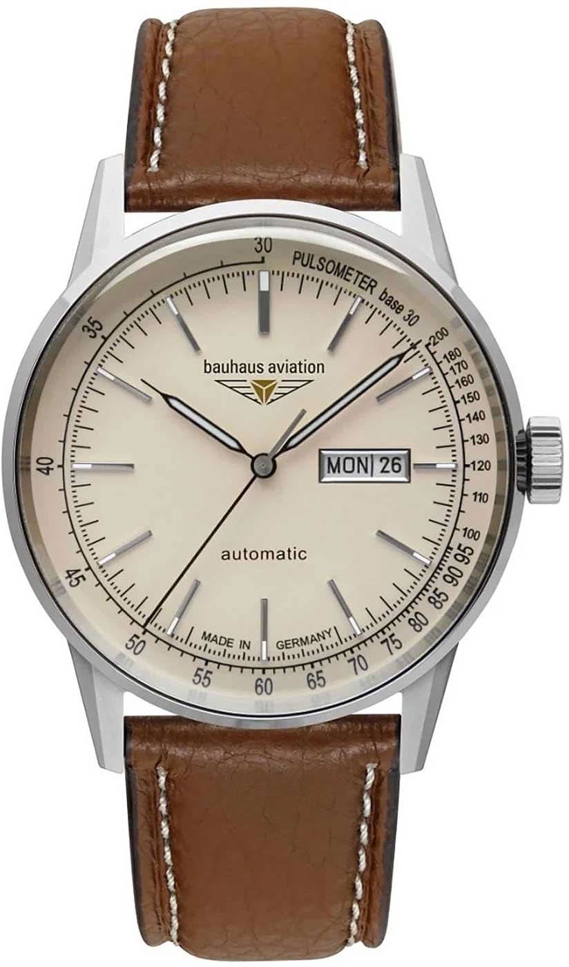 Automatisk herrklocka med silverfärgat boett, beige urtavla och brunt läderarmband