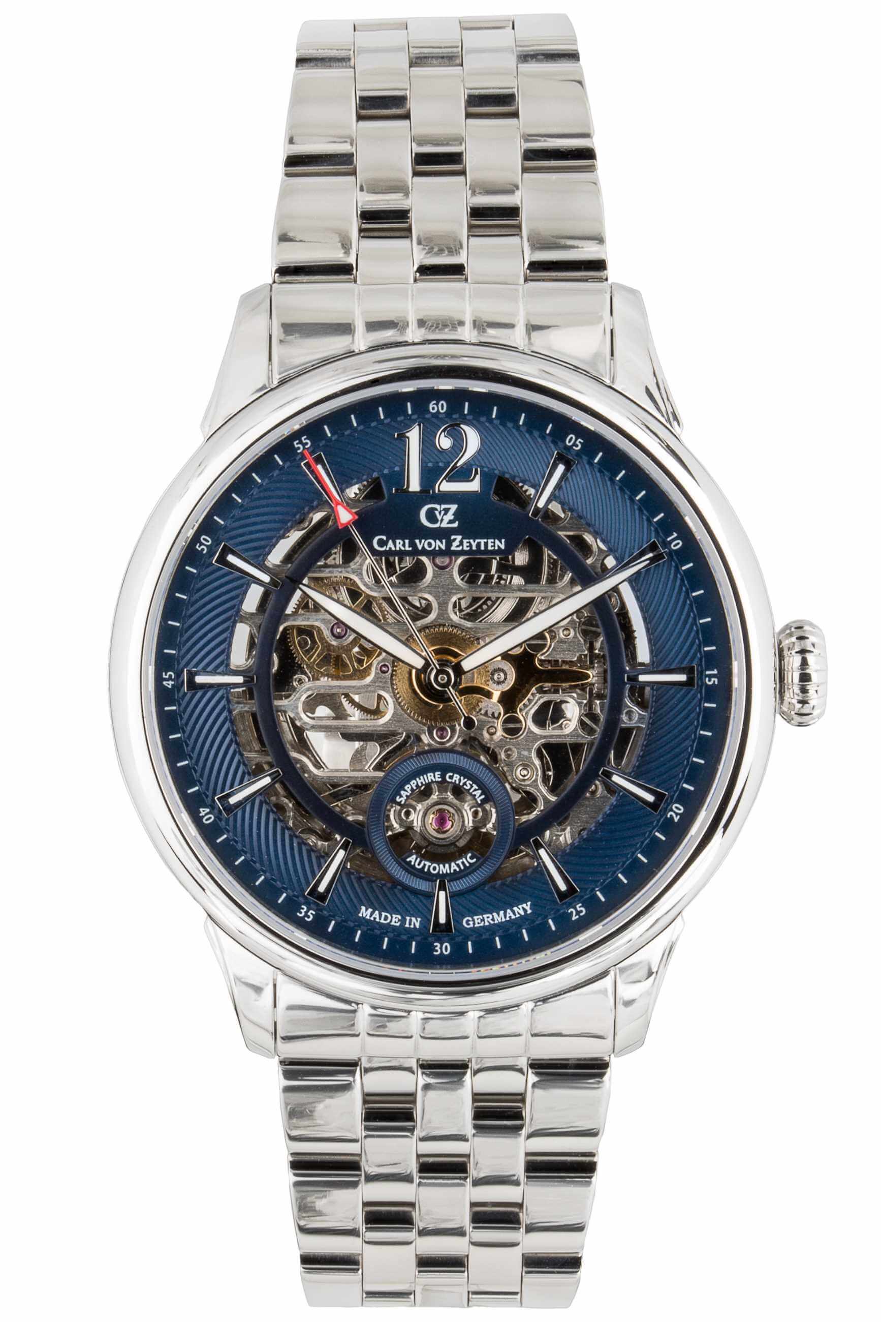 Herren-Automatikuhr mit skelettiertem Zifferblatt, blauem Ring und Metallarmband