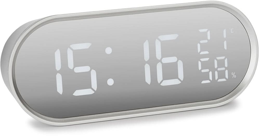 Digital väckarklocka med LED-display: tid 15:16 samt visning av luftfuktighet och temperatur