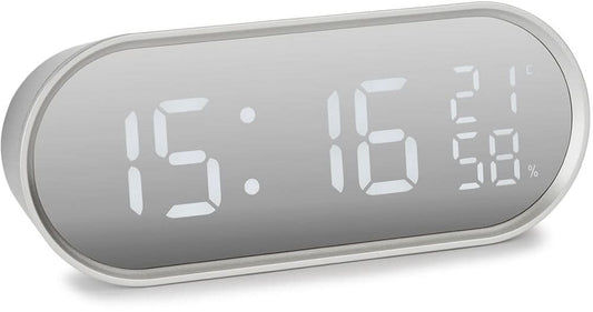Digital väckarklocka med LED-display: tid 15:16 samt visning av luftfuktighet och temperatur