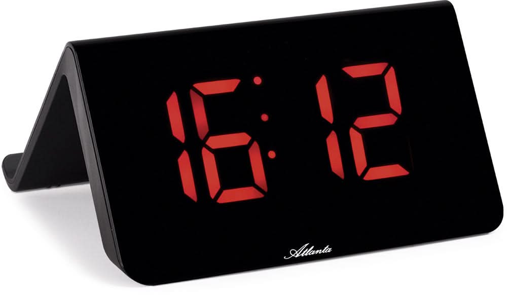 Digital väckarklocka i plast med röd LED-display, märket Atlanta, vinklad