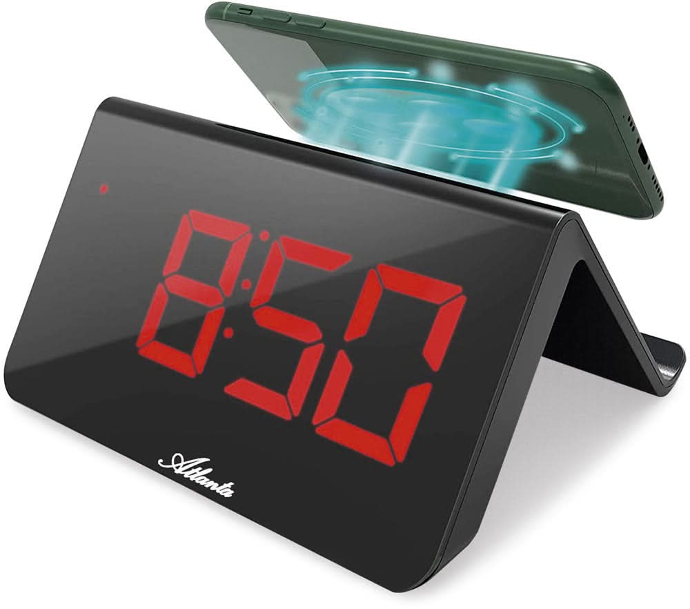 Digital väckarklocka med röd LED-display och trådlös laddningsplatta, märke Atlanta