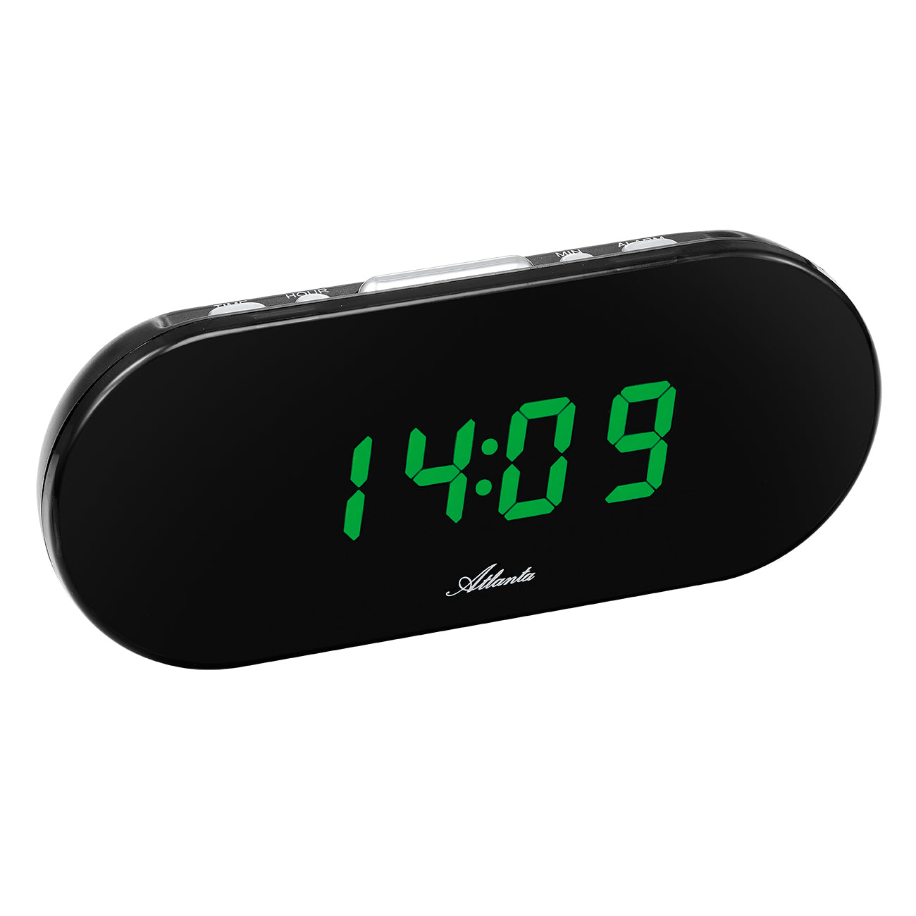 Atlanta LED-väckarklocka, svart hölje med grön display, visar 14:09
