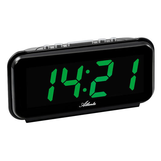 LED-väckarklocka med svart hölje och grön LED-sifferdisplay, knappar upptill