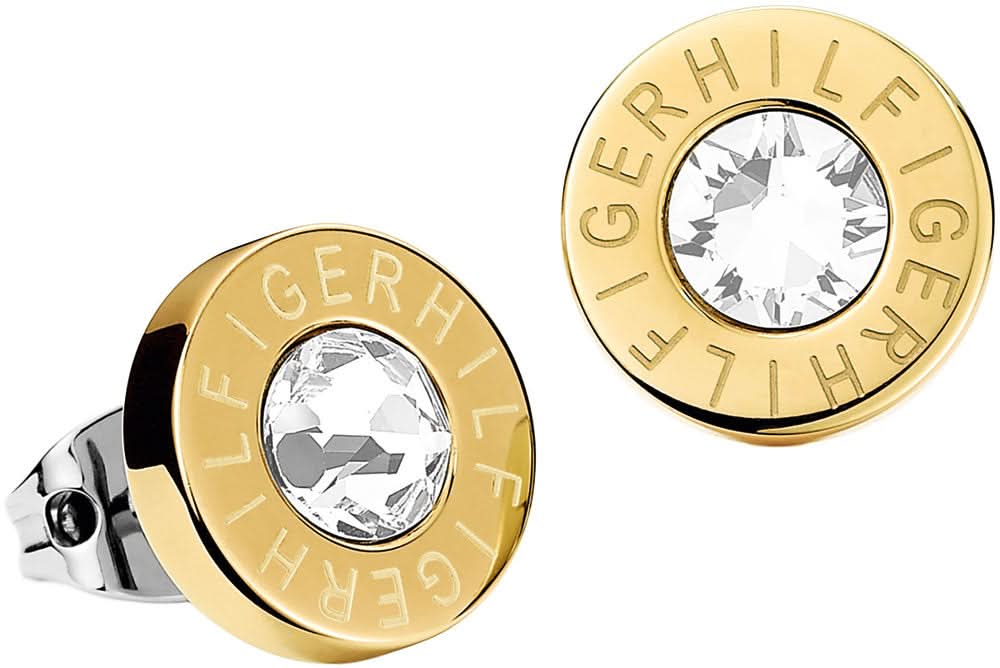 Tommy Hilfiger örhängen med rund guldtonad ring och ljus zirkonsten