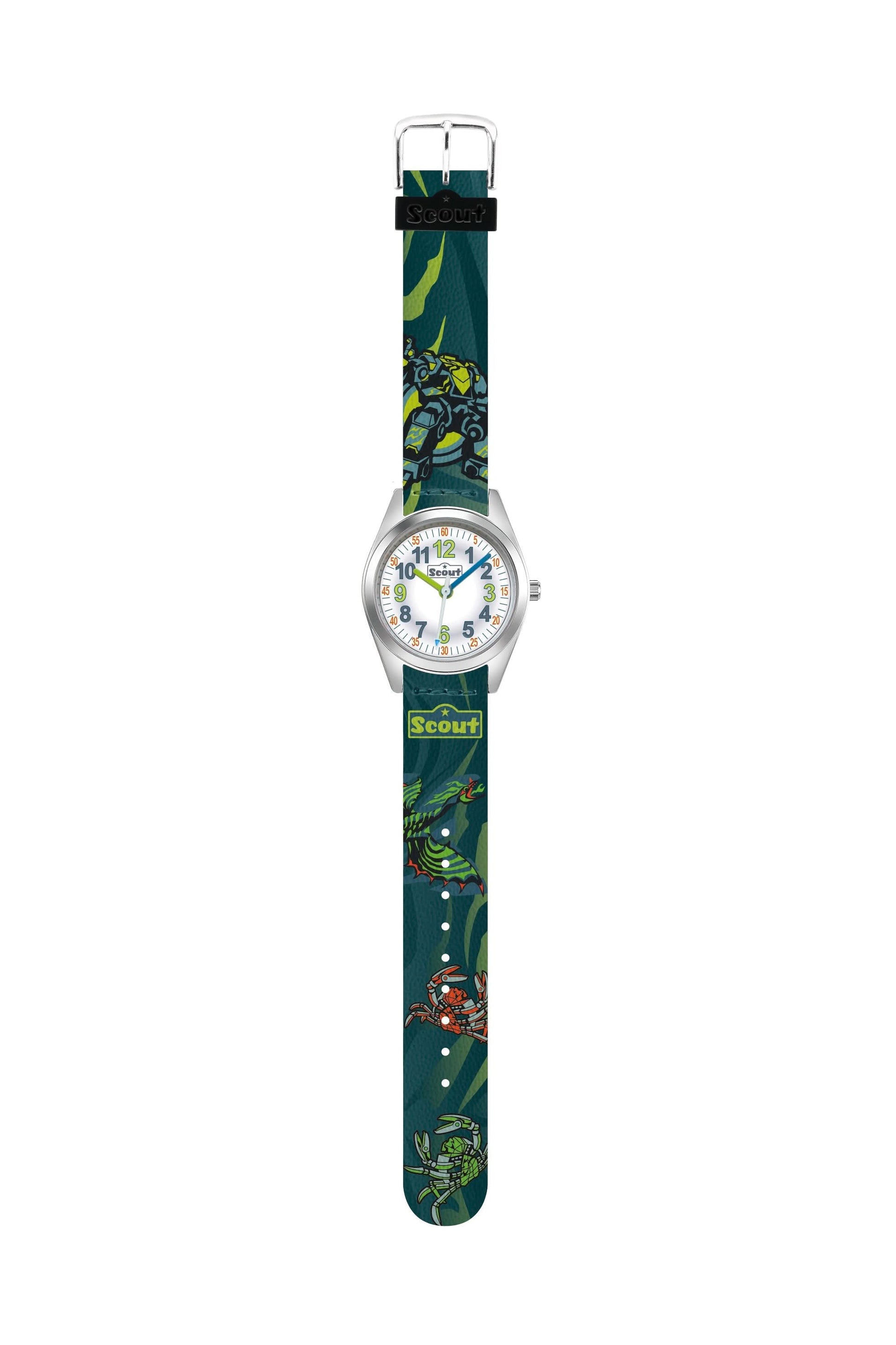 Barnklocka på smalt blågrönt armband med drakmotiv och rund urtavla
