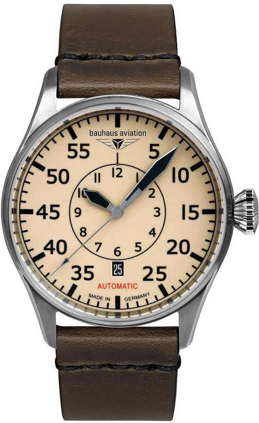 Herrklocka med brunt läderarmband, beige urtavla och automatverk, silverfärgad boett