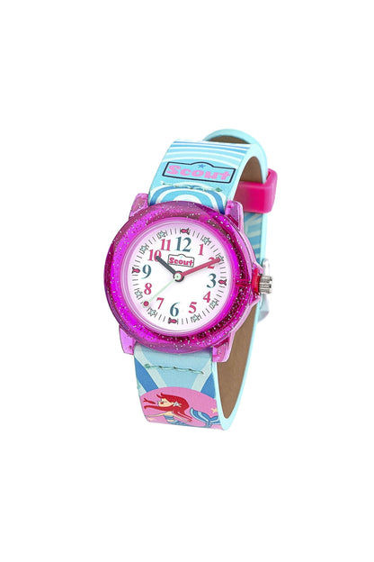Barnklocka för flickor med sjöjungfrumotiv, blått armband och rosa urtavla