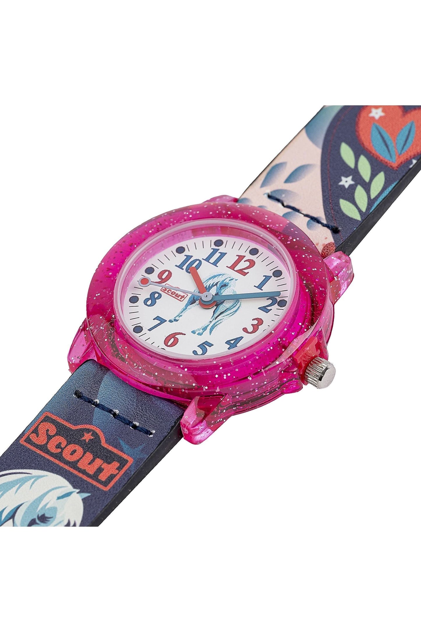 Flickur med rosa glitterkant, vit urtavla och motiv på mörkblått armband