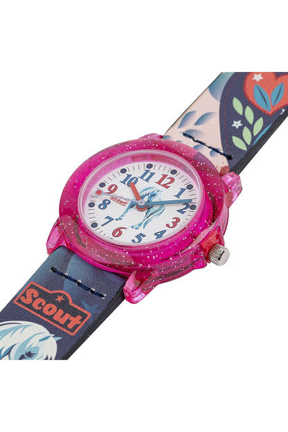 Flickur med rosa glitterkant, vit urtavla och motiv på mörkblått armband