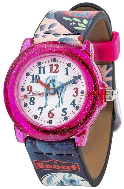 Flickur med rosa glitterboett, vit urtavla och enhörningsmotiv på armbandet