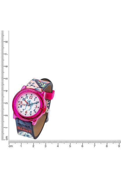 Flickur i miniformat med rosa glitterkant, vit urtavla och mörkblått armband