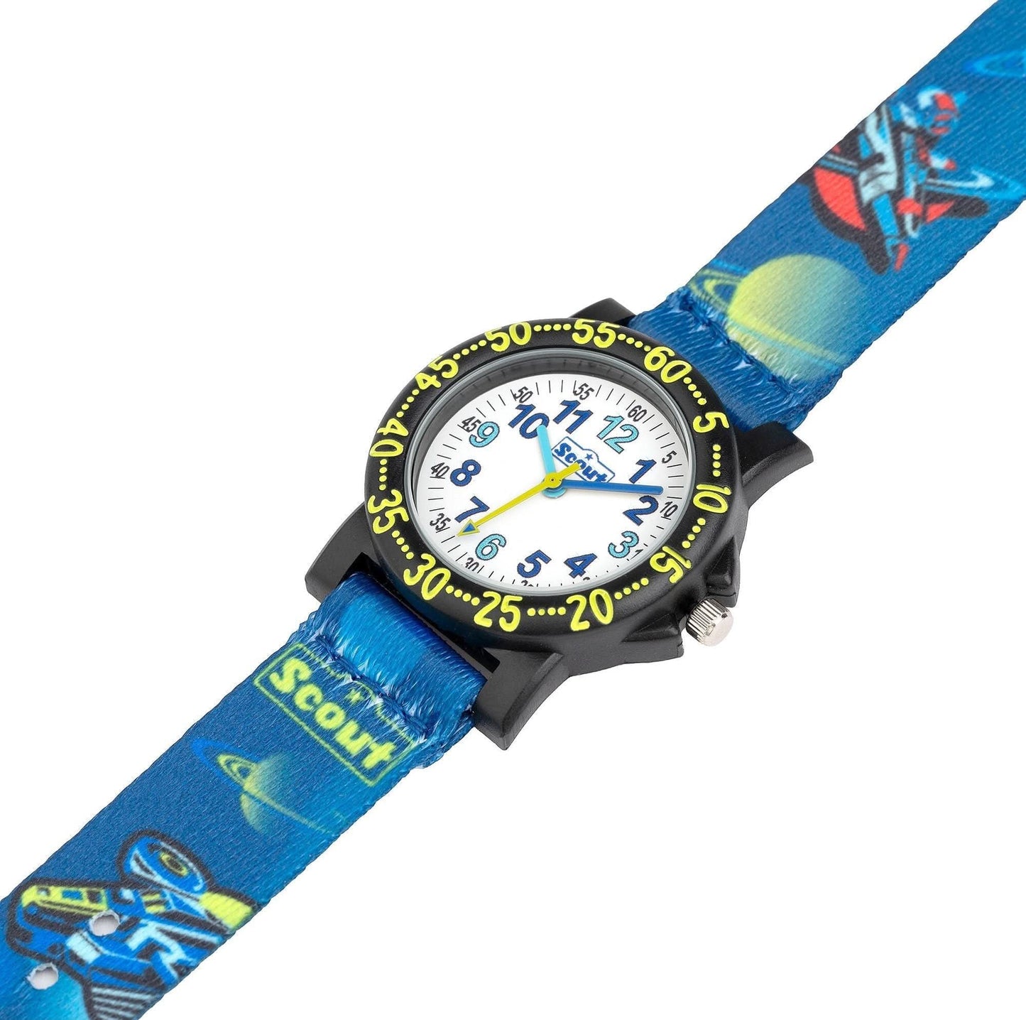 Armbandsur med blått tygarmband, svart boett och vit urtavla