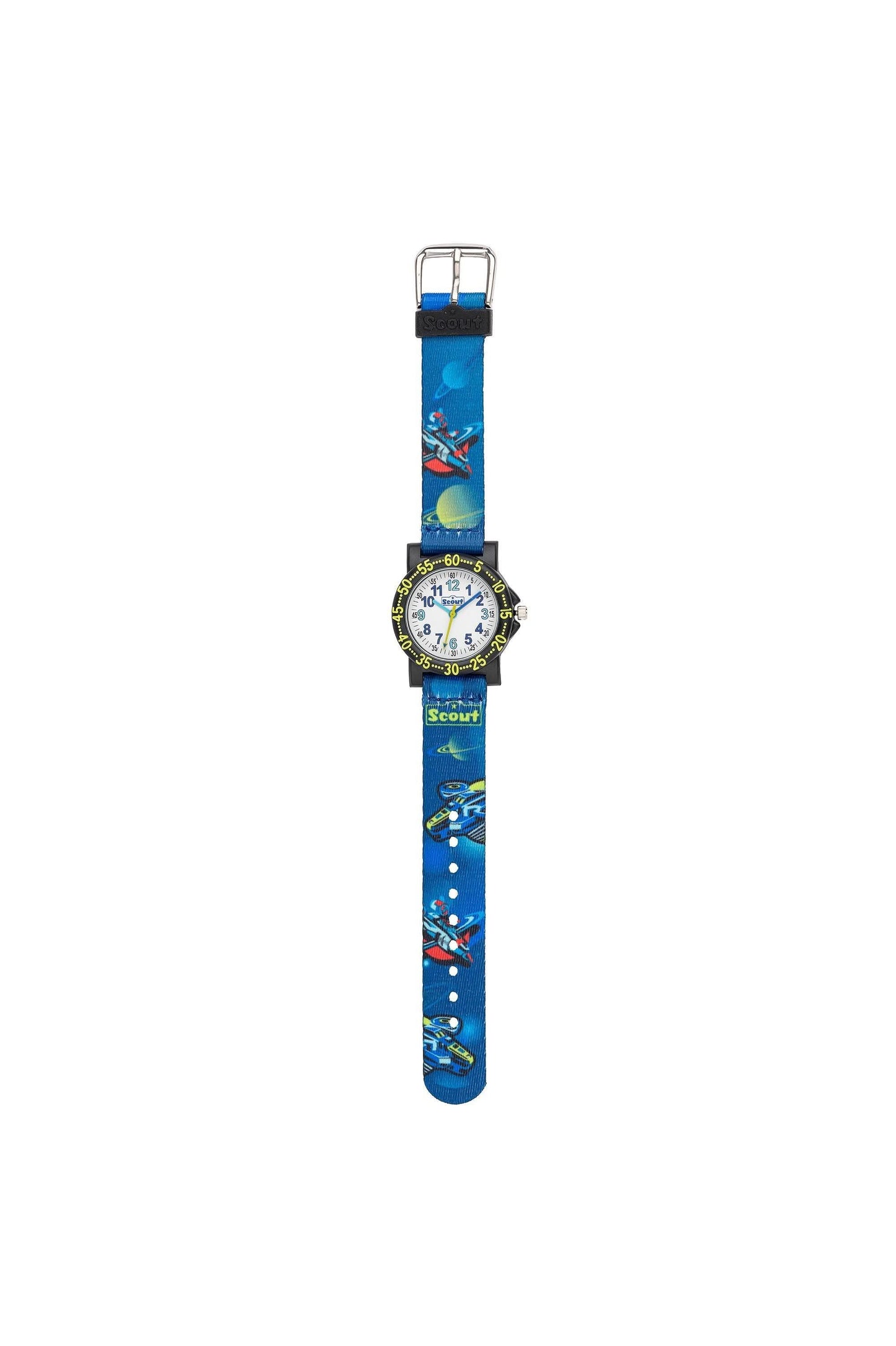 Armbandsur med blåtryckt tygarmband och rund vit urtavla