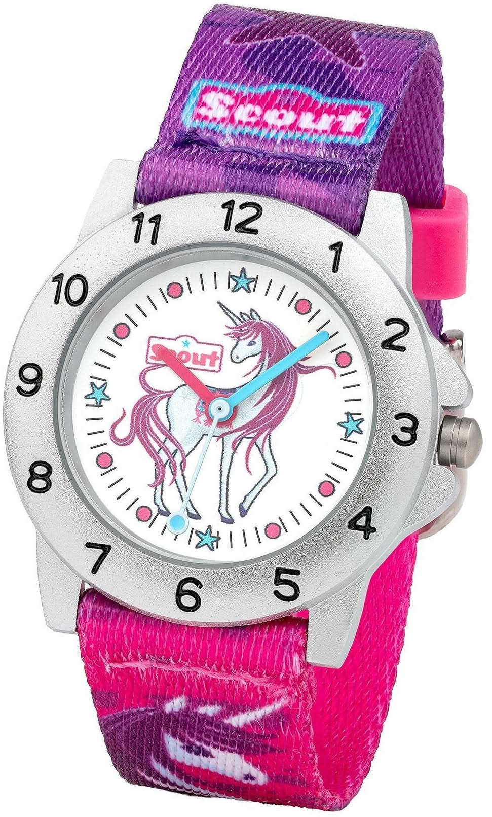 Herrklocka med rund urtavla och rosa-lila silikonarmband, enhörningsmotiv