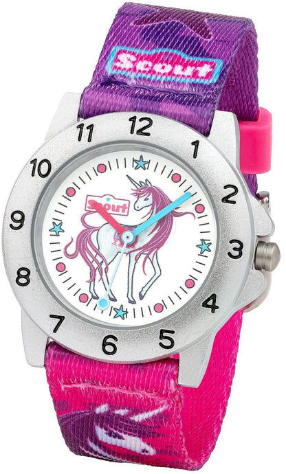 Herrklocka med rund urtavla och rosa-lila silikonarmband, enhörningsmotiv