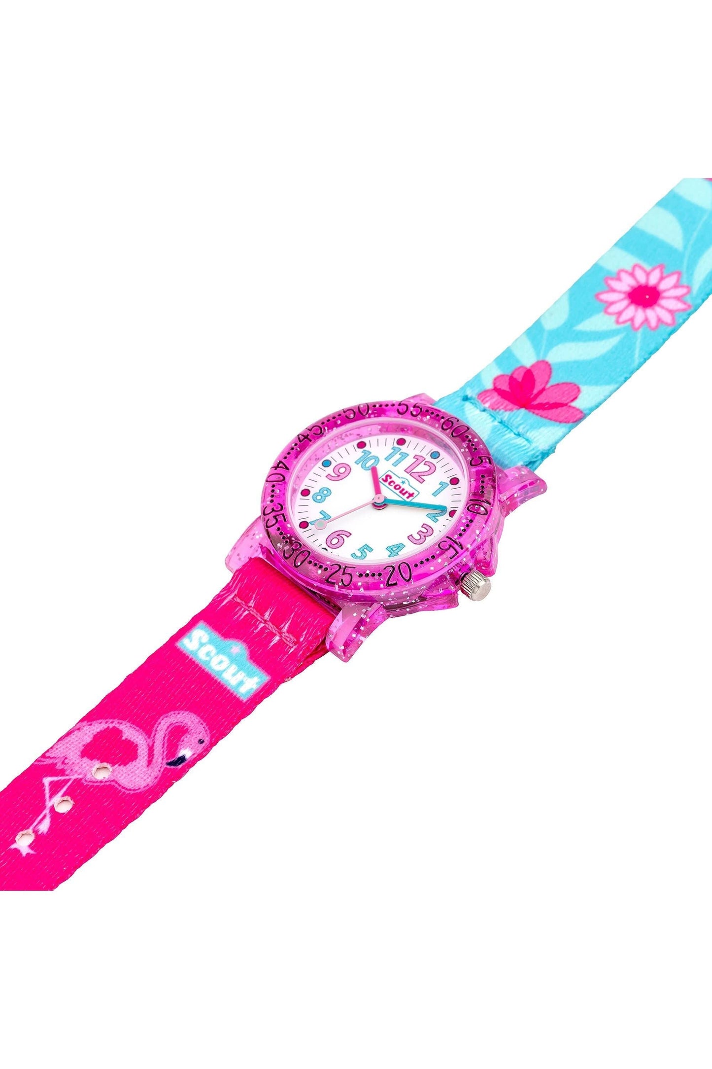 Analog barnklocka på rosa armband med turkosblått blommönster och rund urtavla