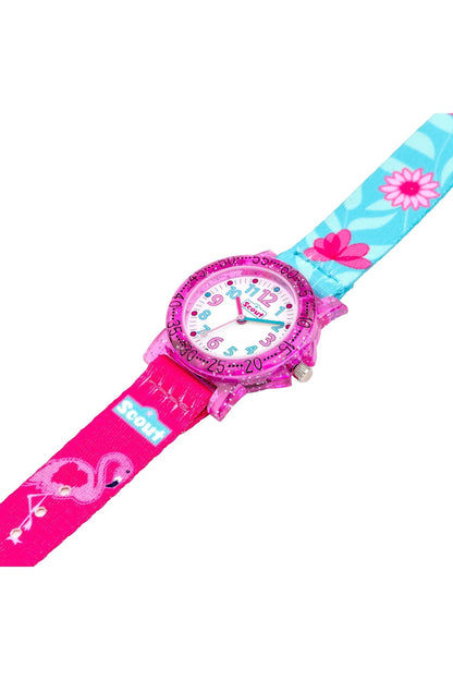 Analog barnklocka på rosa armband med turkosblått blommönster och rund urtavla