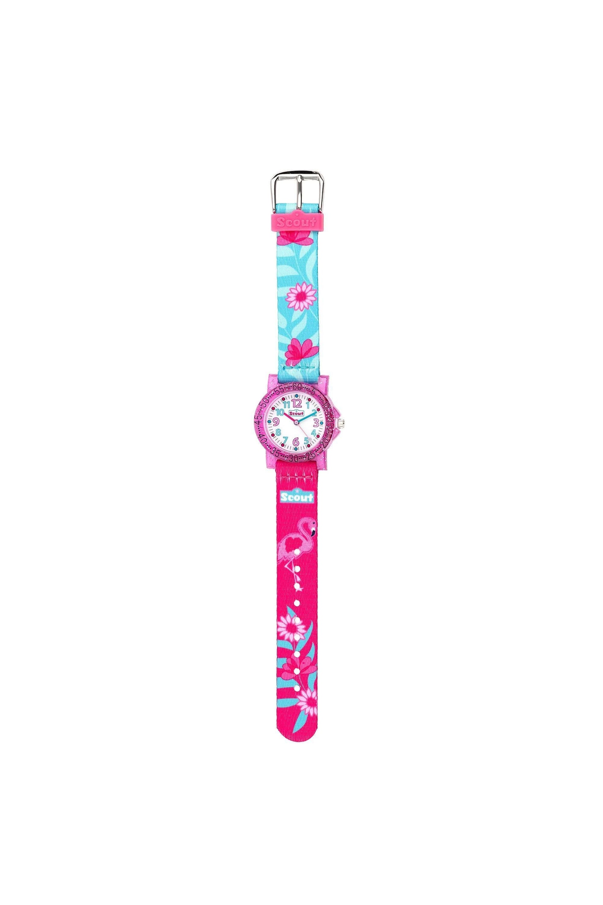 Flickors lärorika klocka med rosa armband och turkband med blommor, rund urtavla med visare