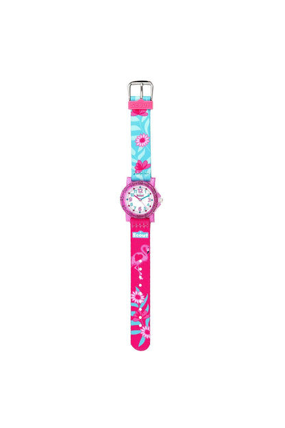 Flickors lärorika klocka med rosa armband och turkband med blommor, rund urtavla med visare