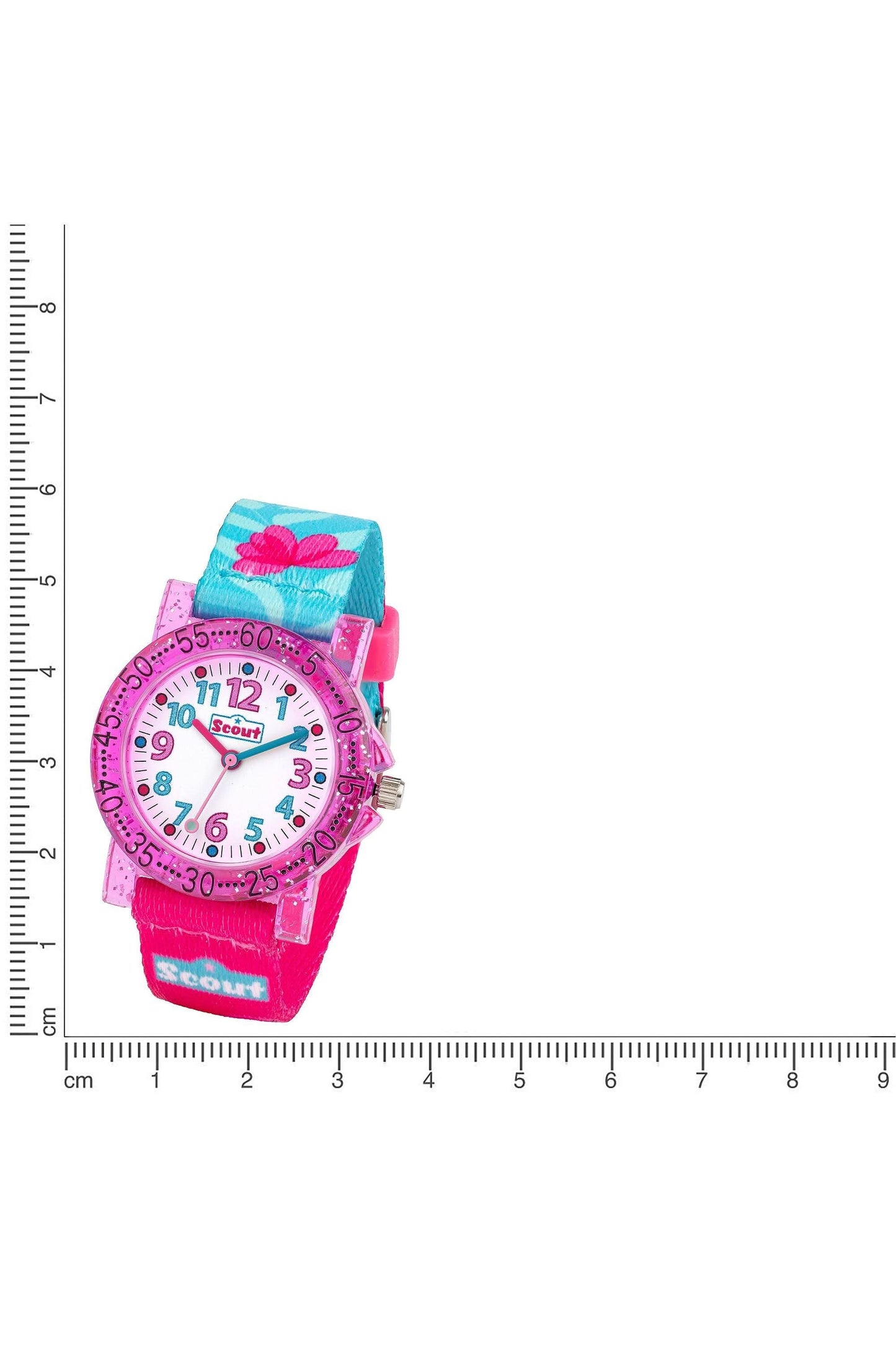 Kompakt analog klocka för flickor med rosa armband och turkosblått blommönster på urtavlan