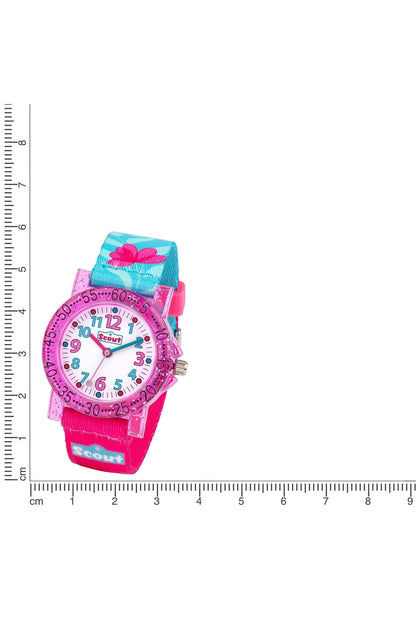 Kompakt analog klocka för flickor med rosa armband och turkosblått blommönster på urtavlan
