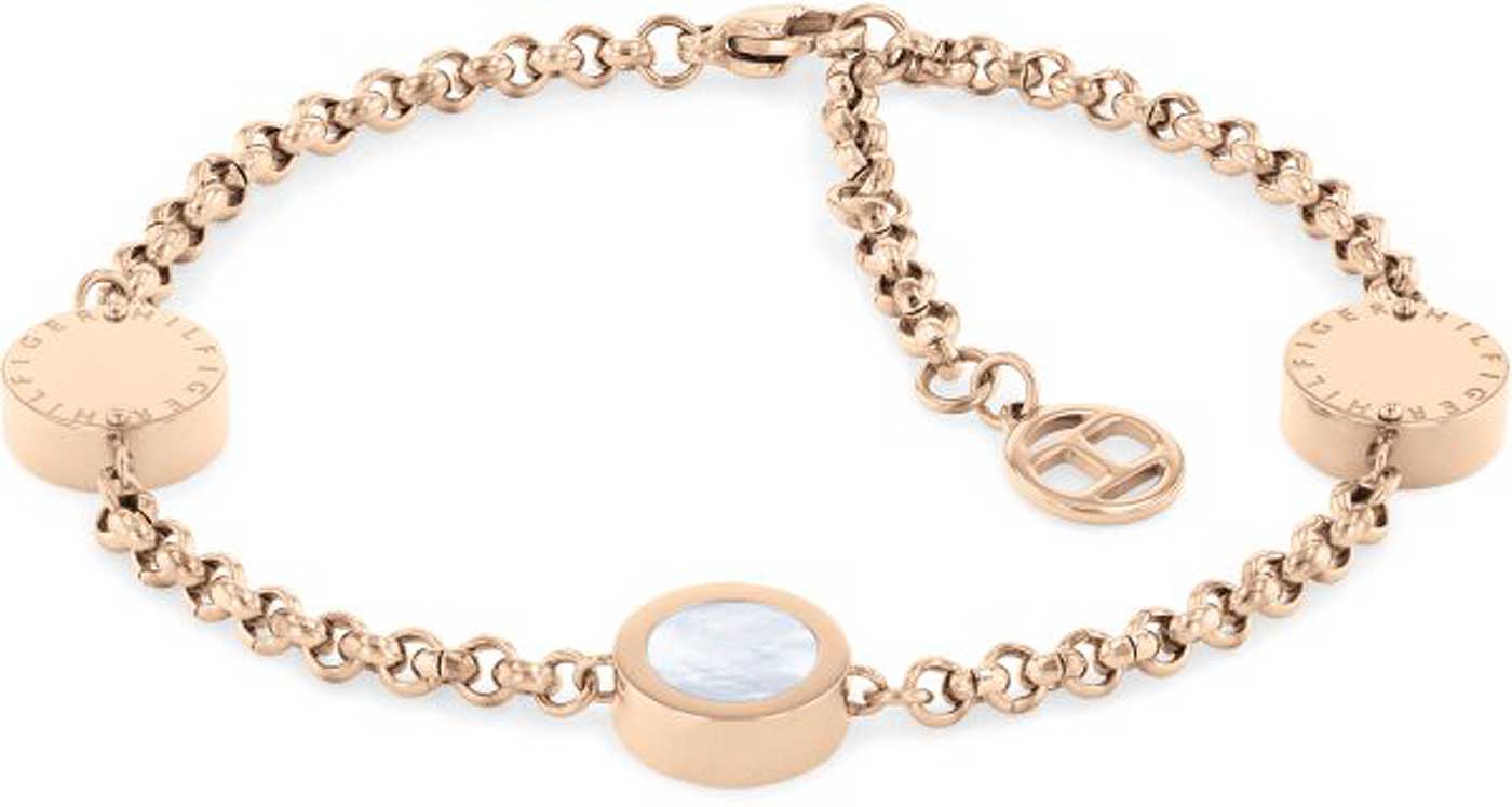 Tommy Hilfiger armband med berlocker, guldfärgat kedja och ovalt hänge med blå insats