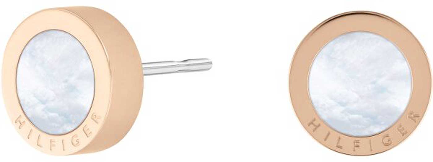 Runda örhängen med ljus sten, roséguldpläterad metall, Hilfiger-logotyp
