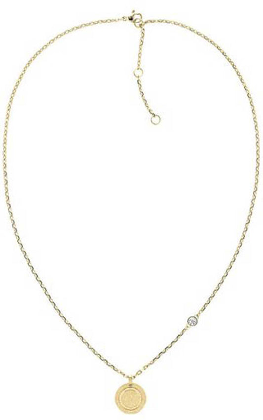 Guldpläterat halsband med rund berlock och fin länkkedja, karbinhake.