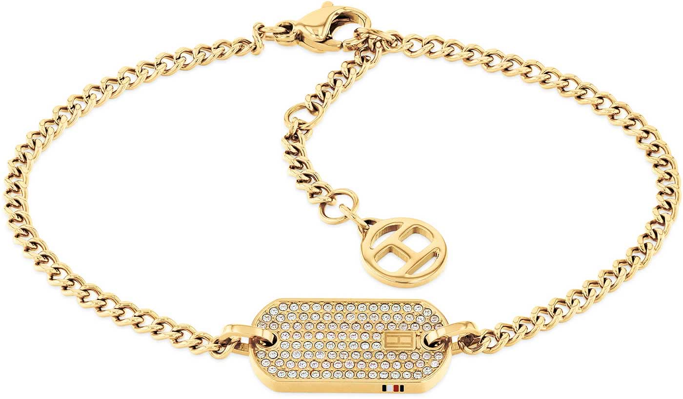 Pansarkedja med Dog Tag-hänge från Tommy Hilfiger, guldfärgad, rektangulär med strassutsmyckning