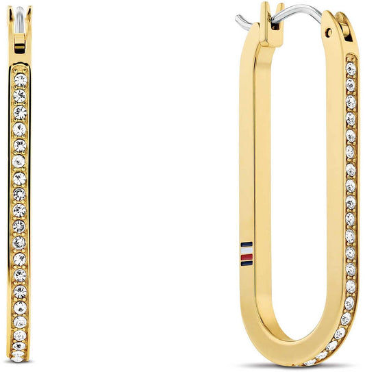 Tommy Hilfiger-örhängen med stenar, guldfärgad ring med rader av klara stenar