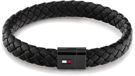 Svart flätat läderarmband med Tommy Hilfiger logospänne
