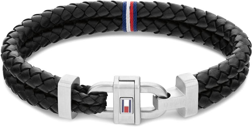 Tommy Hilfiger läderarmband, flätat svart läder, med metallspänne och logostickad rand