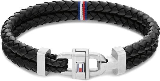 Tommy Hilfiger läderarmband, flätat svart läder, med metallspänne och logostickad rand