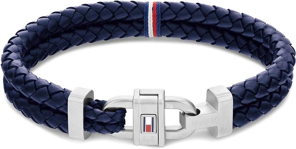Tommy Hilfiger flätat läderarmband med mörkblått flätmönster och silverfärgat spänne