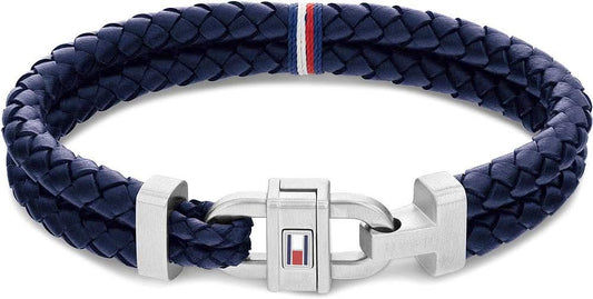 Tommy Hilfiger flätat läderarmband med mörkblått flätmönster och silverfärgat spänne