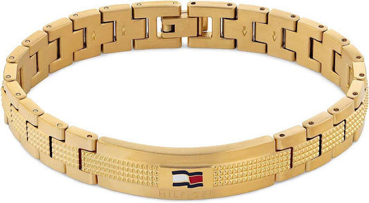 Gliederarmband i rostfritt stål med guldfärgade länkar, logotyp och flaggberlock