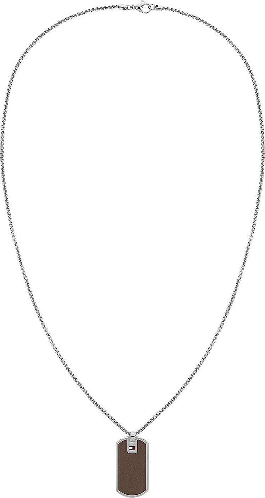 Tommy Hilfiger Venezianer-kedja med läderhänge, rektangulär, mörk, med ögla
