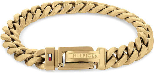 Armband i rostfritt stål med pansarkedja, guldfärgat, med "HILFIGER"-spänne och logotyp