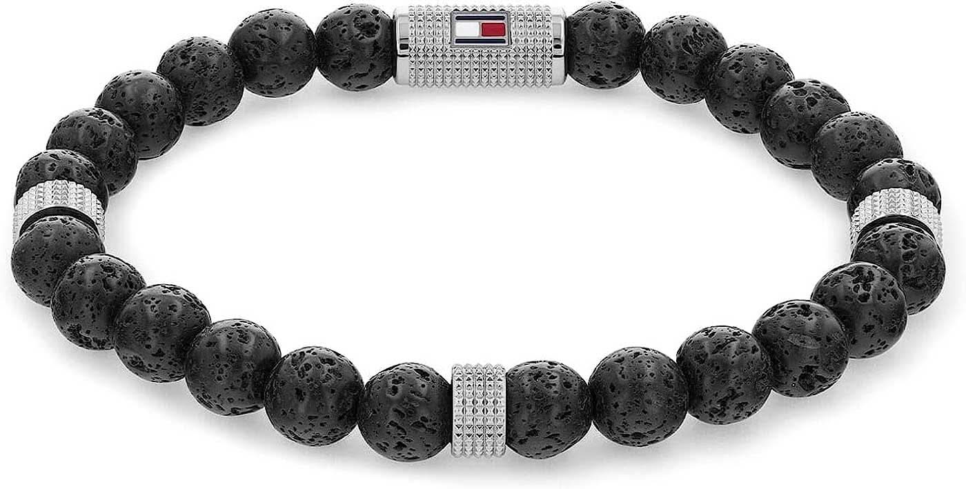 Tommy Hilfiger armband för män av lavasten, svarta stenpärlor, silverfärgad mittdel