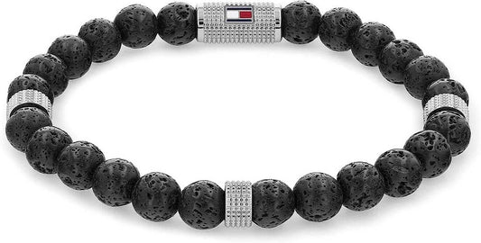 Tommy Hilfiger armband för män av lavasten, svarta stenpärlor, silverfärgad mittdel