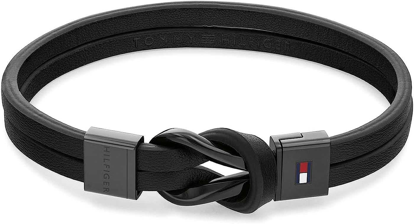 Tommy Hilfiger läderarmband: svart läder, knutclips, metallspänne