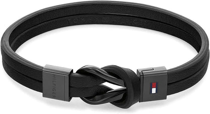 Tommy Hilfiger läderarmband: svart läder, knutclips, metallspänne