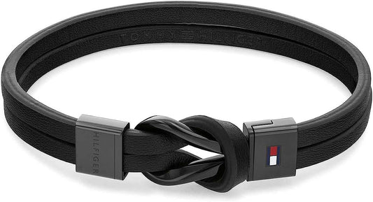 Tommy Hilfiger läderarmband: svart läder, knutclips, metallspänne