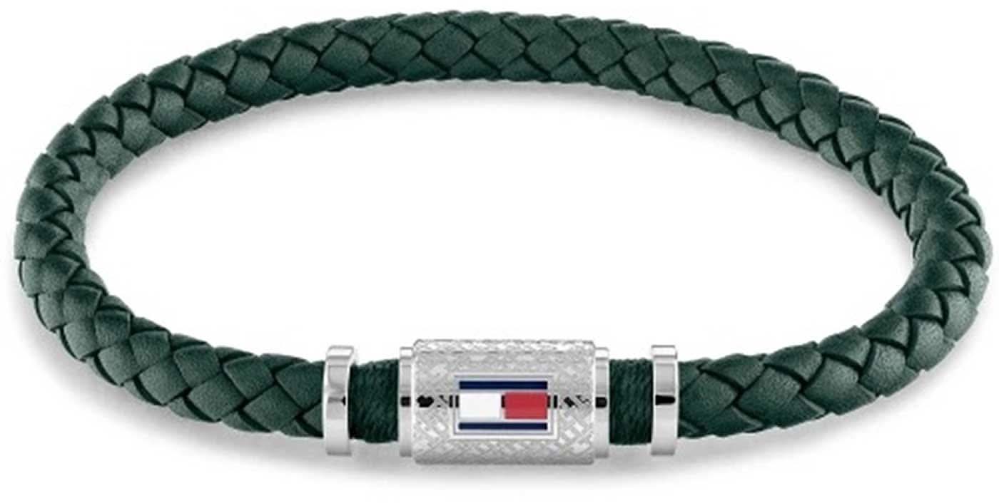 Tommy Hilfiger flätat läderarmband, grönt band med silverfärgat mittlås